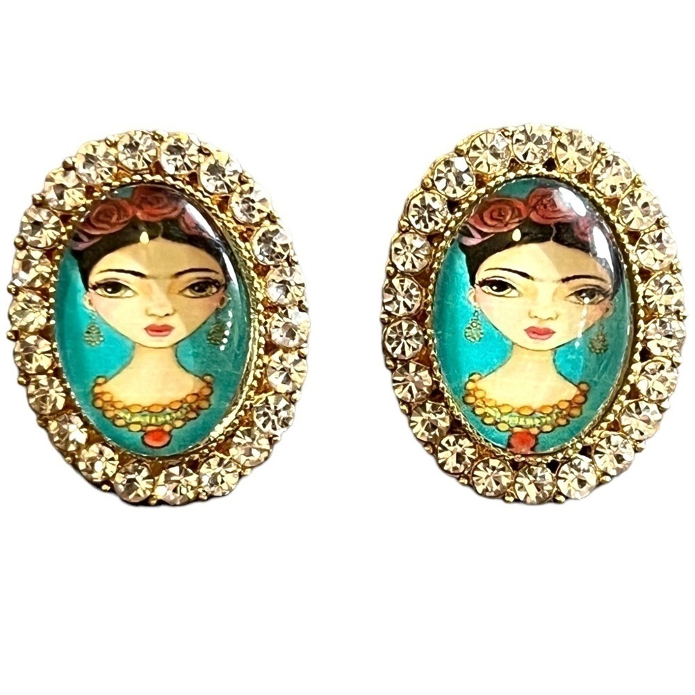 Frida Crystal Rhinestone Oval Post Earrings - Picture 3 of 5